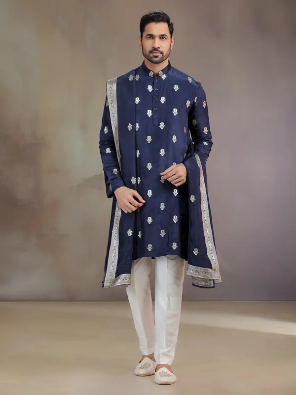 Navy silk kurta pajama for wedding celebration