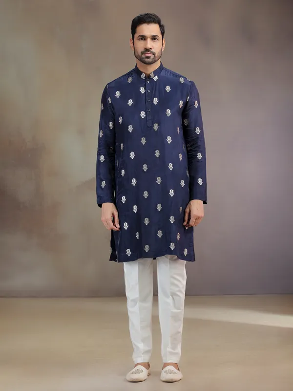 Navy silk kurta pajama for wedding celebration