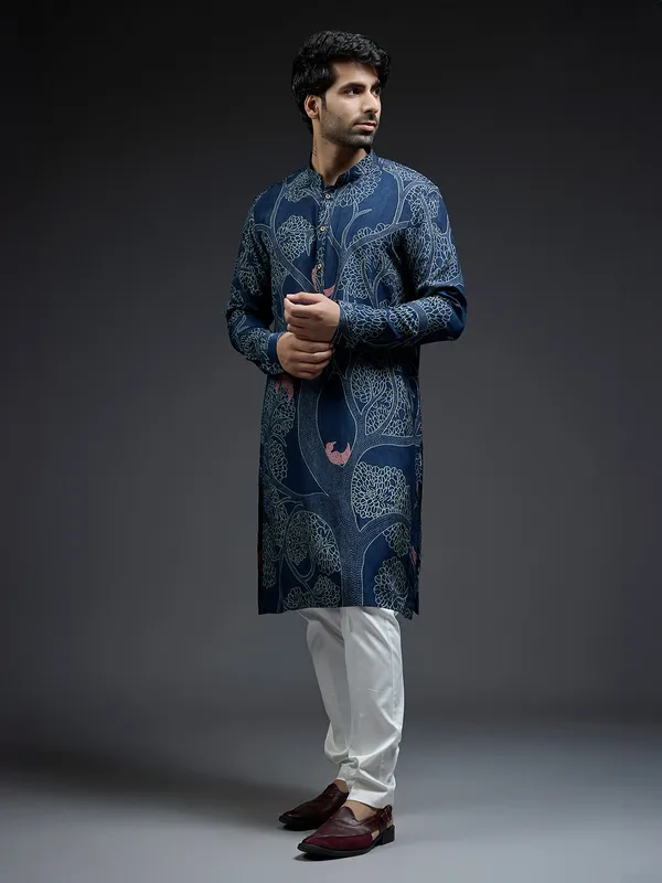 Navy silk kurta suit in tree printed design for men