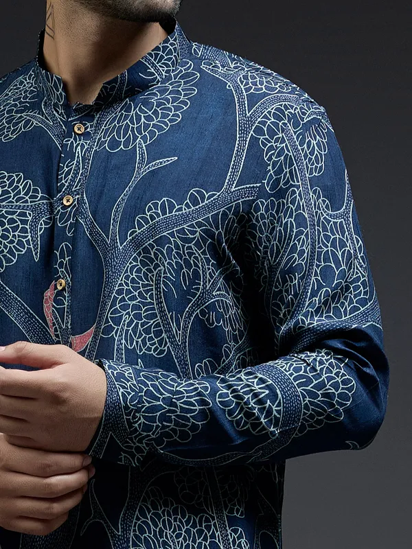 Navy silk kurta suit in tree printed design for men