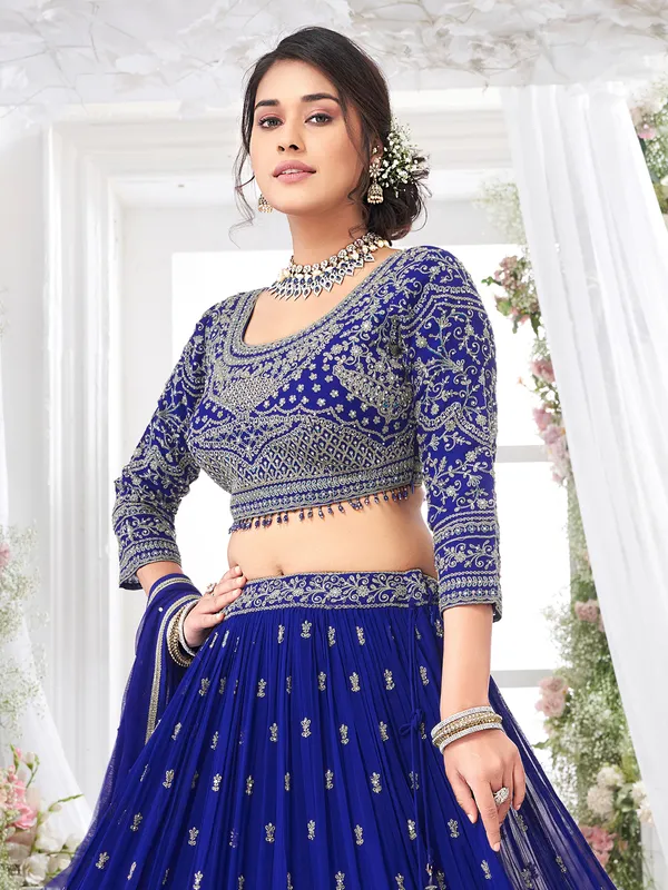 Navy silk lehenga choli with beads thread work