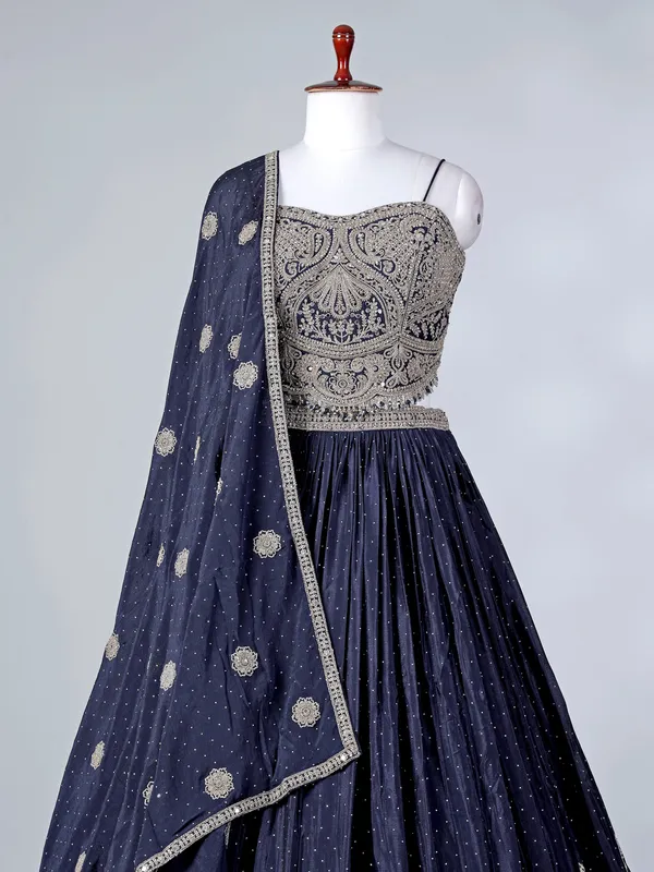 Navy silk lehenga choli with mirror embellishments