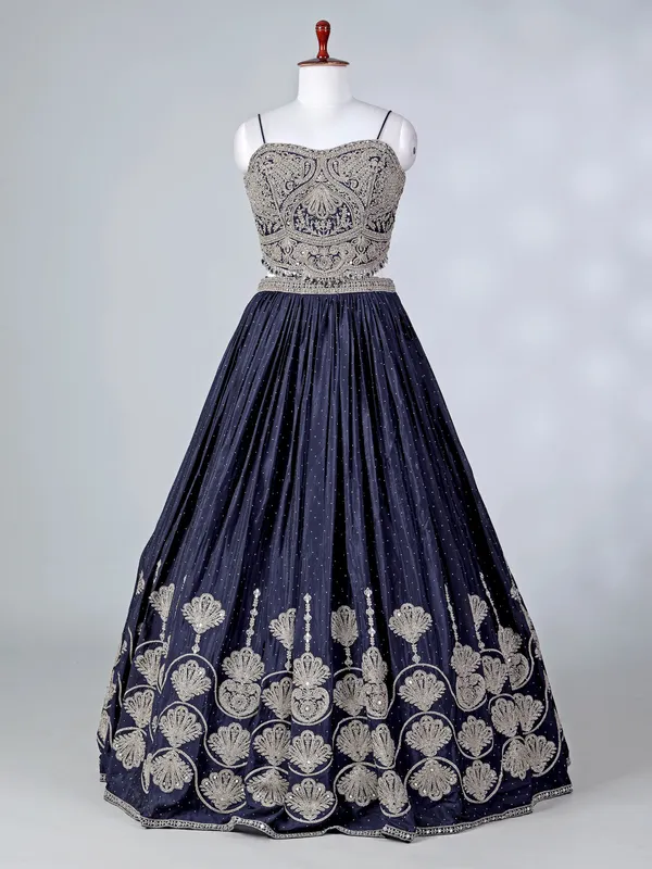 Navy silk lehenga choli with mirror embellishments