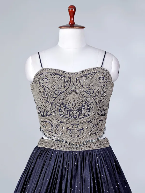 Navy silk lehenga choli with mirror embellishments