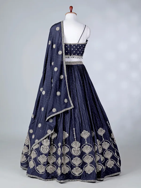 Navy silk lehenga choli with mirror embellishments