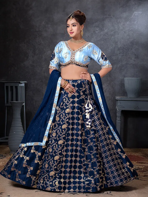 Navy silk lehenga choli with zari embellishment