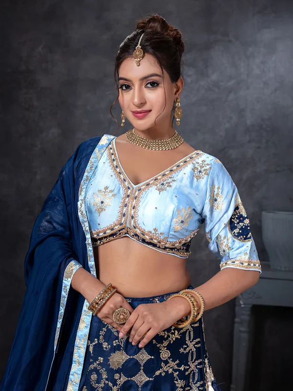 Navy silk lehenga choli with zari embellishment