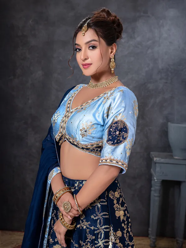 Navy silk lehenga choli with zari embellishment