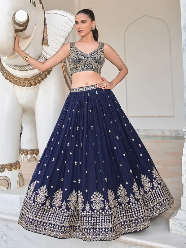 Navy silk mirror work lehenga choli
