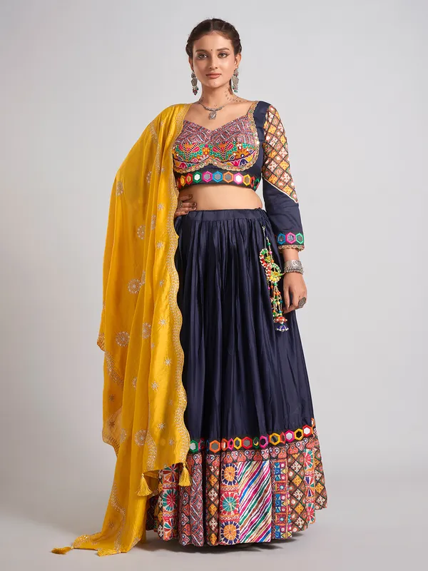 Navy silk navratri chaniya choli with dupatta