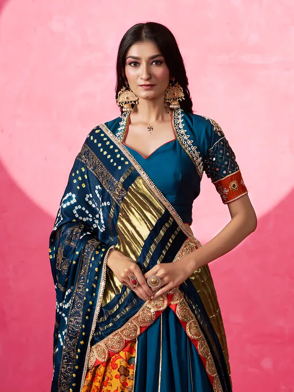 Navy silk navratri lehenga choli with print