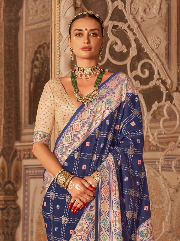 Navy silk peinted saree for wedding