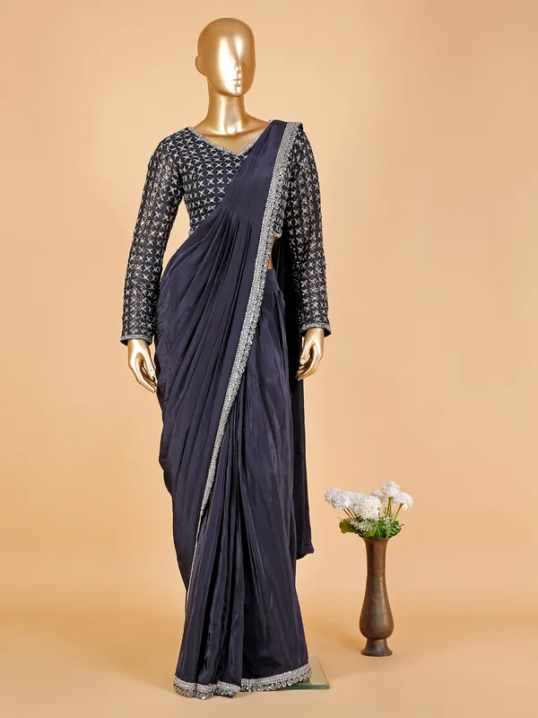 Navy silk pre stitched saree