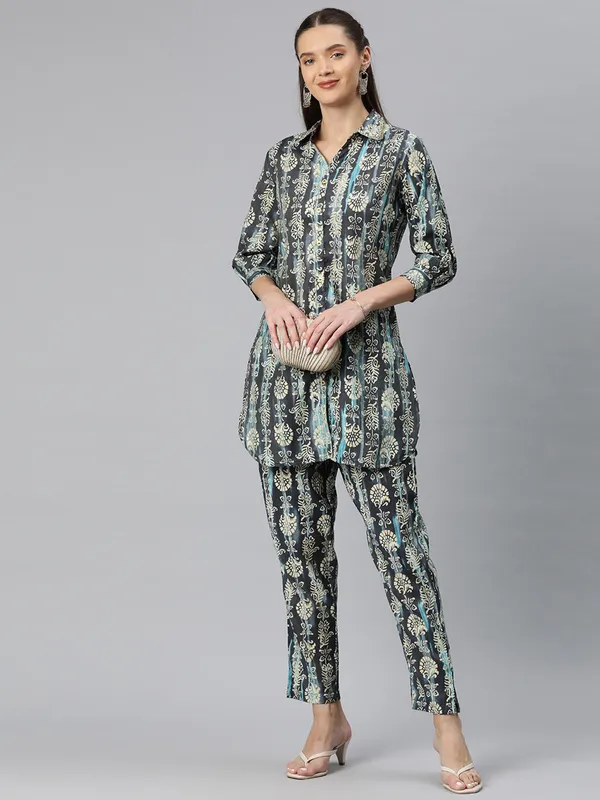 Navy silk printed co-ord set for women