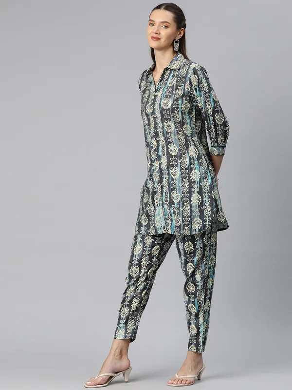 Navy silk printed co-ord set for women