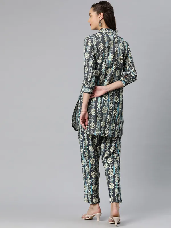 Navy silk printed co-ord set for women