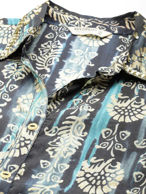 Navy silk printed co-ord set for women