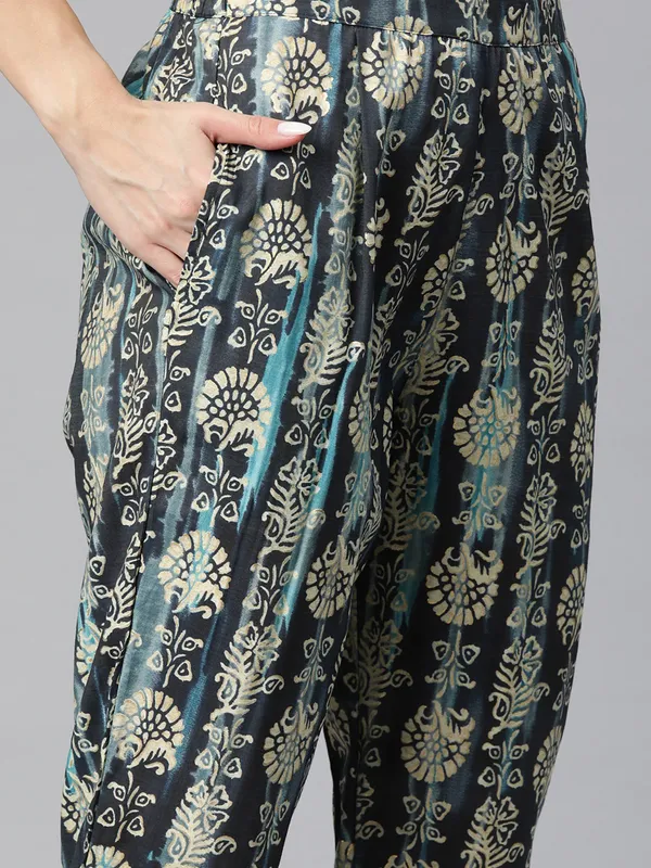 Navy silk printed co-ord set for women