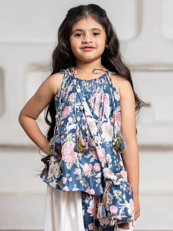Navy silk printed dhoti suit for girls