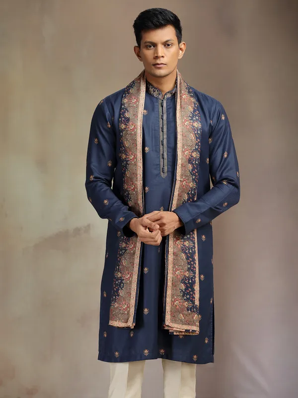 Navy pashmina silk printed kurta pajama with dupatta