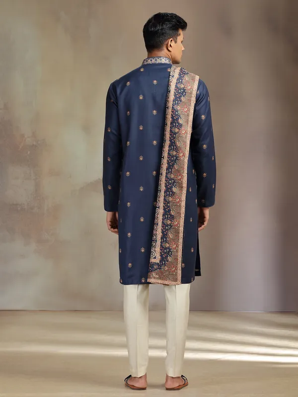 Navy pashmina silk printed kurta pajama with dupatta