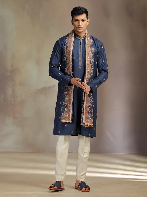 Navy pashmina silk printed kurta pajama with dupatta