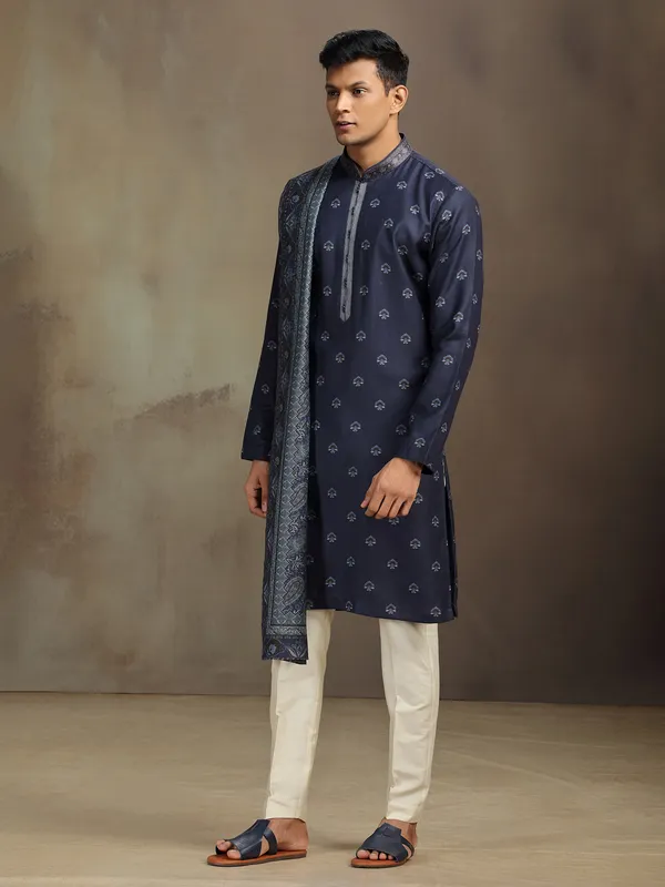 Navy pashmina silk printed kurta suit with dupatta