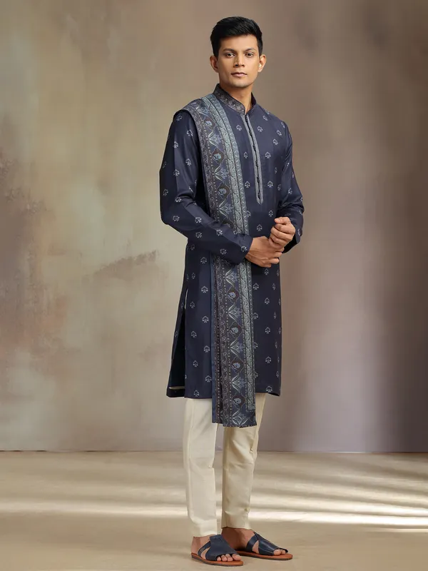 Navy pashmina silk printed kurta suit with dupatta
