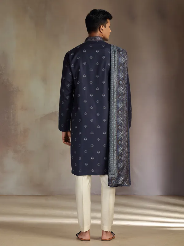 Navy pashmina silk printed kurta suit with dupatta