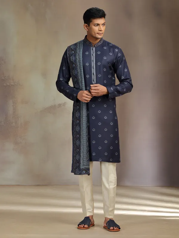 Navy pashmina silk printed kurta suit with dupatta