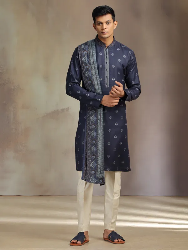 Navy pashmina silk printed kurta suit with dupatta
