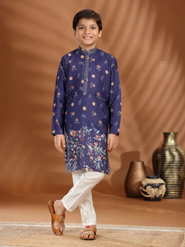 Navy silk printed kurta suit with zari work