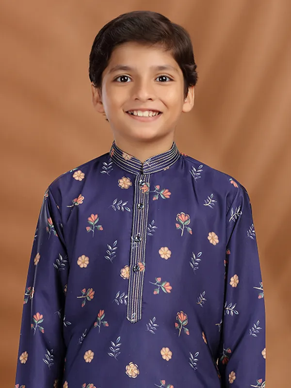 Navy silk printed kurta suit with zari work