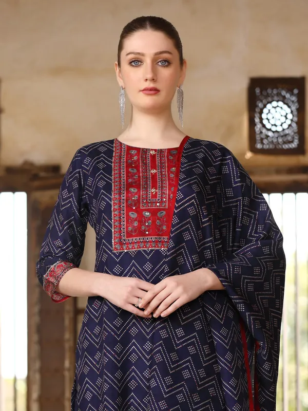 Navy silk printed kurti set for women
