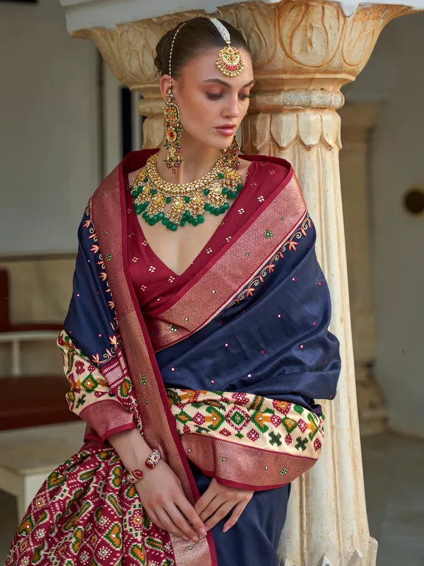 Navy silk printed saree for weddings