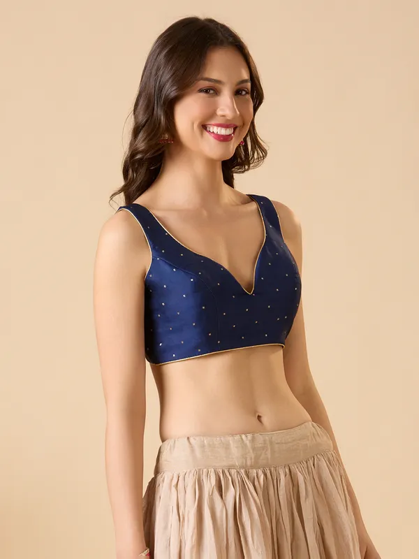 Navy silk printed sleeveless ready made blouse