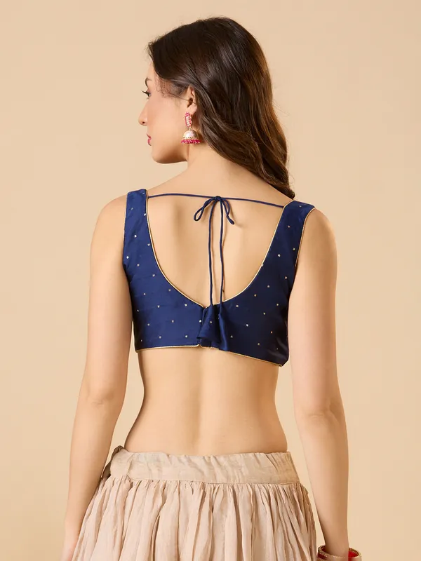 Navy silk printed sleeveless ready made blouse