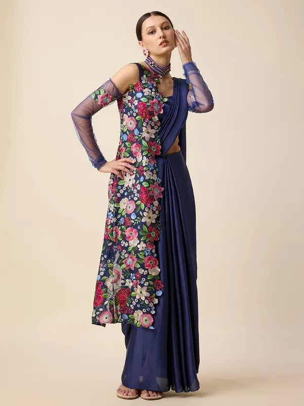 Navy silk ready pleated saree