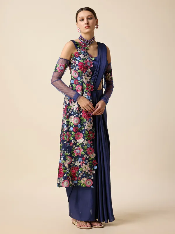 Navy silk ready pleated saree