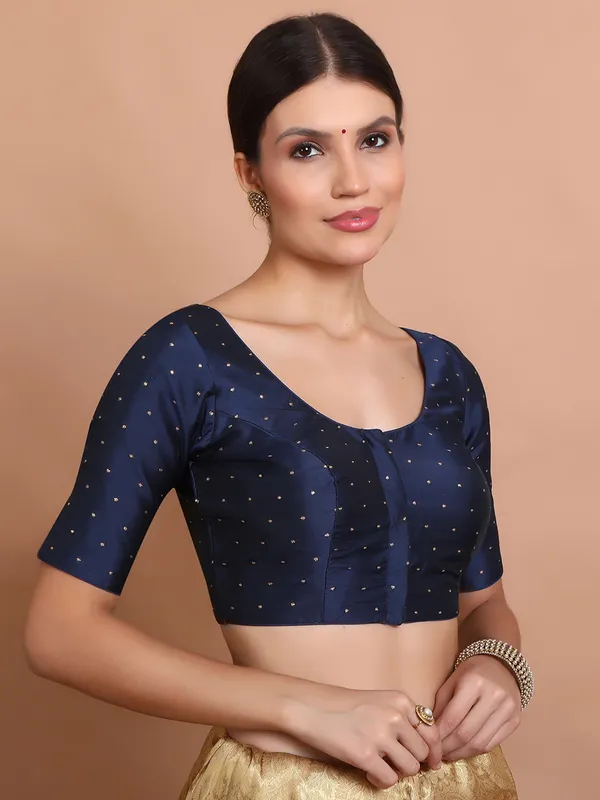 Navy silk round neck blouse with zari accents