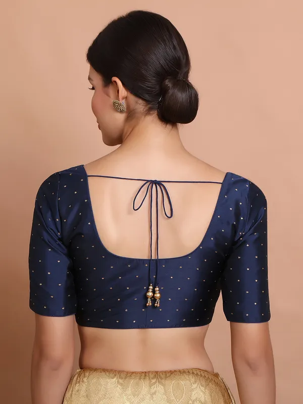 Navy silk round neck blouse with zari accents