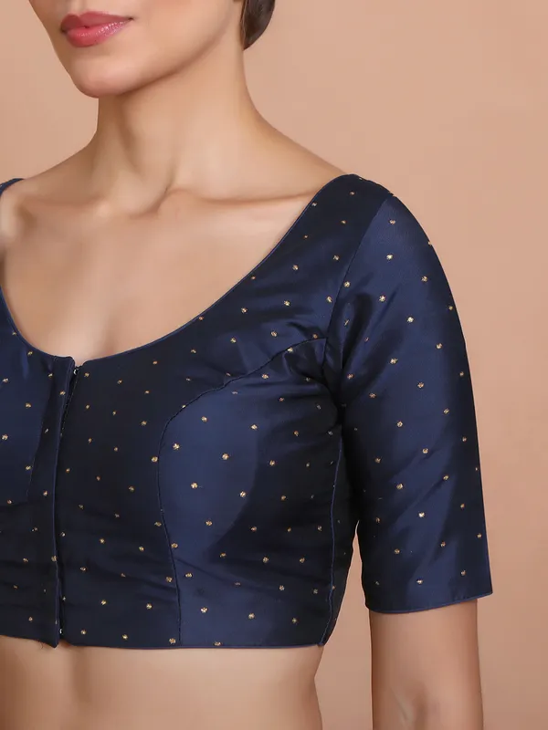 Navy silk round neck blouse with zari accents