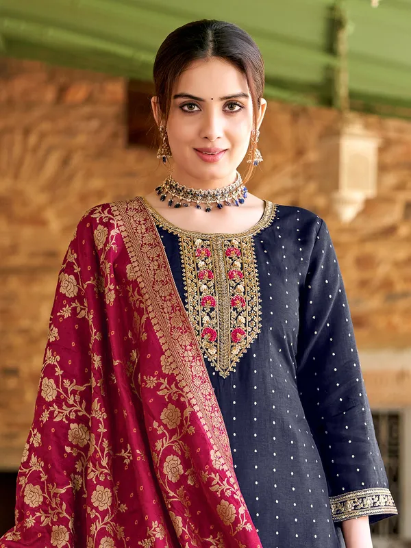 Navy silk salwar suit with contrast dupatta