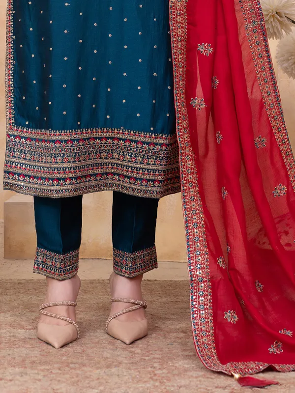 Navy silk salwar suit with contrast red dupatta