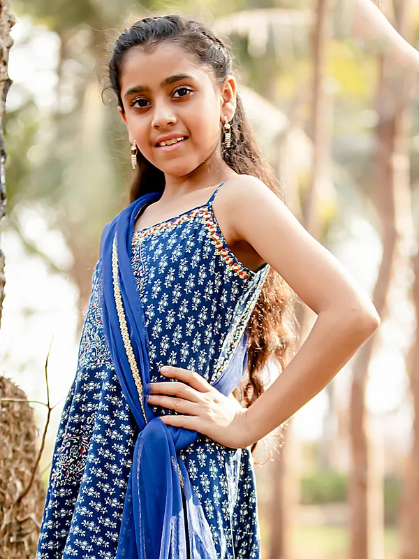 Navy silk salwar suit with printed and dupatta