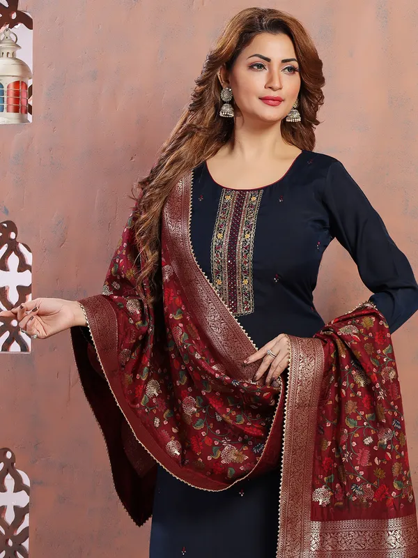 Navy silk salwar suit with printed dupatta