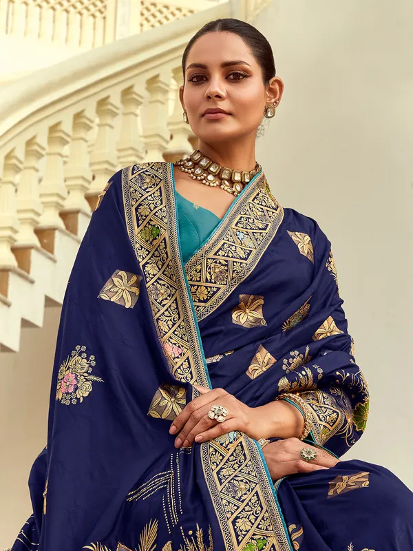 Navy silk saree for wedding with zari work