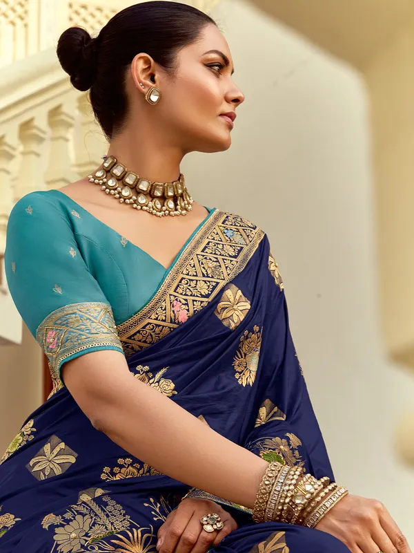 Navy silk saree for wedding with zari work