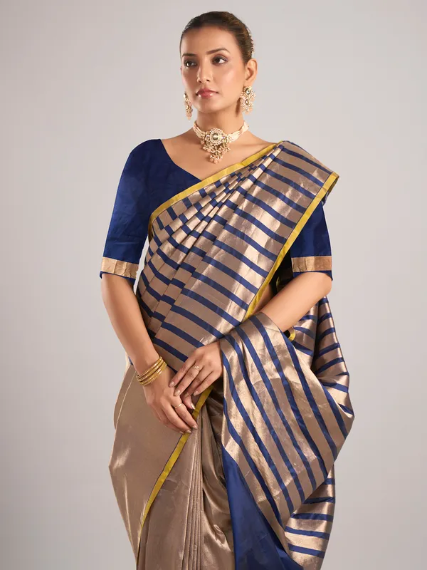 Navy silk saree unstitched blouse piece with zari weaving