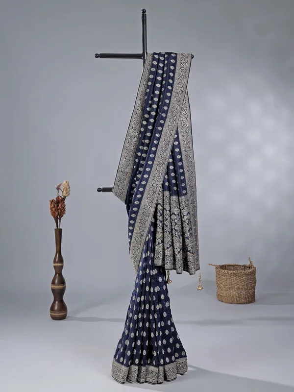 Navy silk saree with heavy work